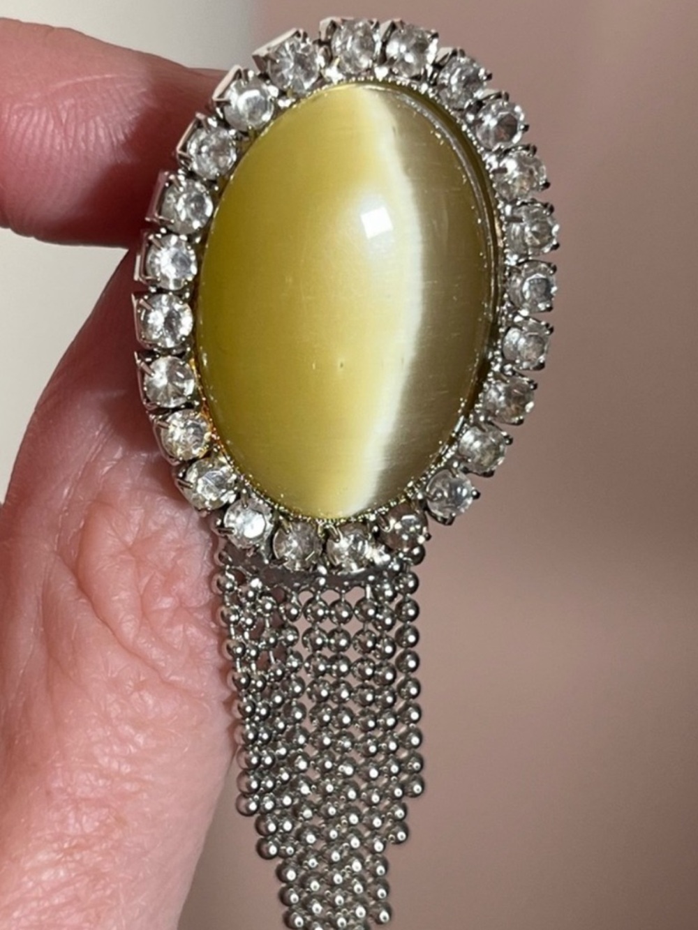 Vintage Cats Eye Tassel Silver Tone Cabochon Brooch
